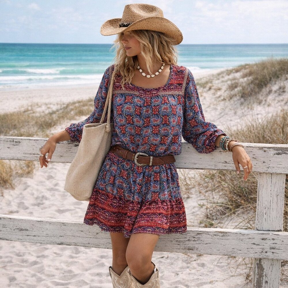 One Clothing Dress Lightly Balloon Long Sleeve Coastal Cowgirl Festival Boho M